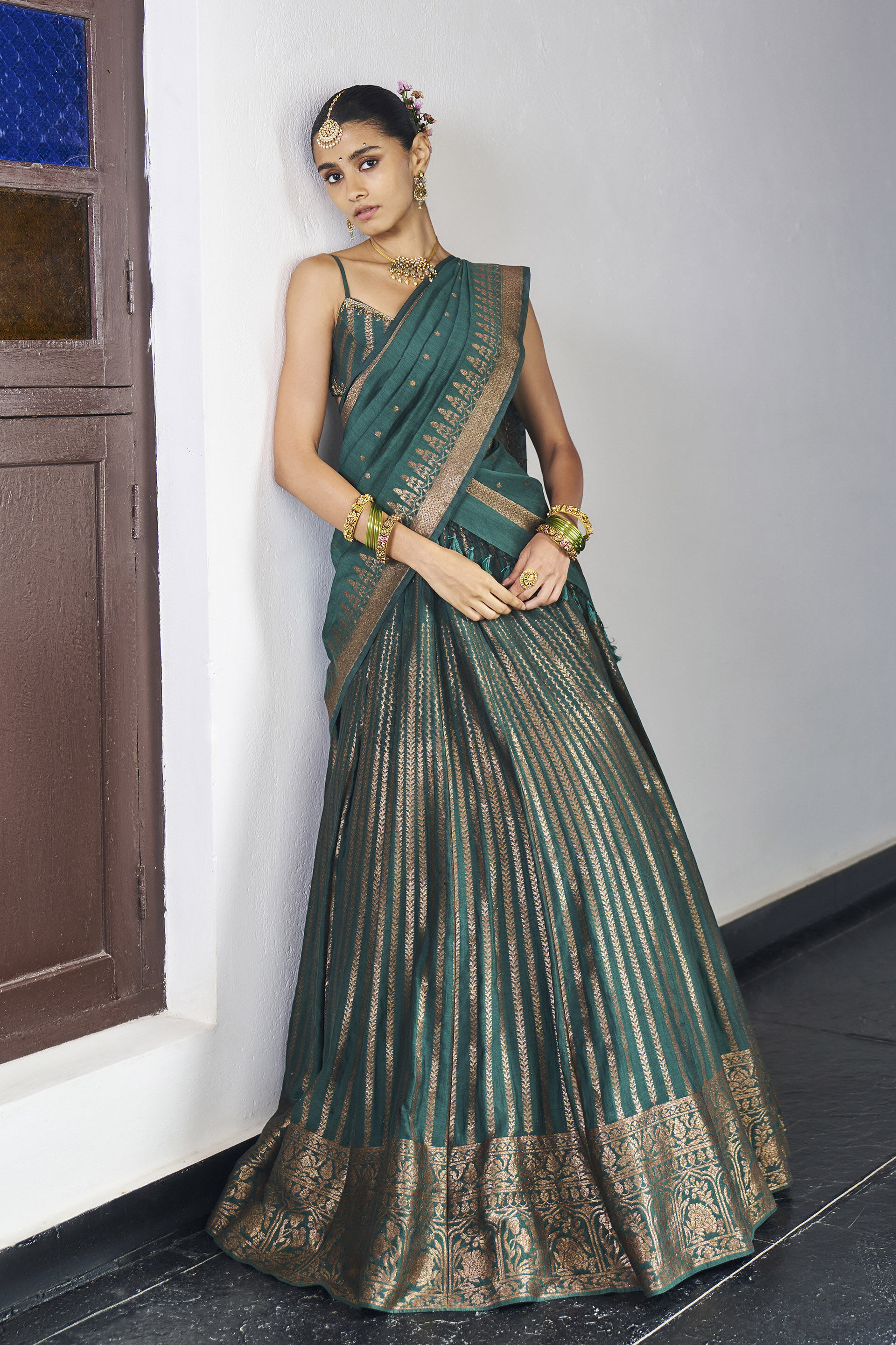 Anuraaga Benarasi Mul Lehenga&nbsp;Set - Green